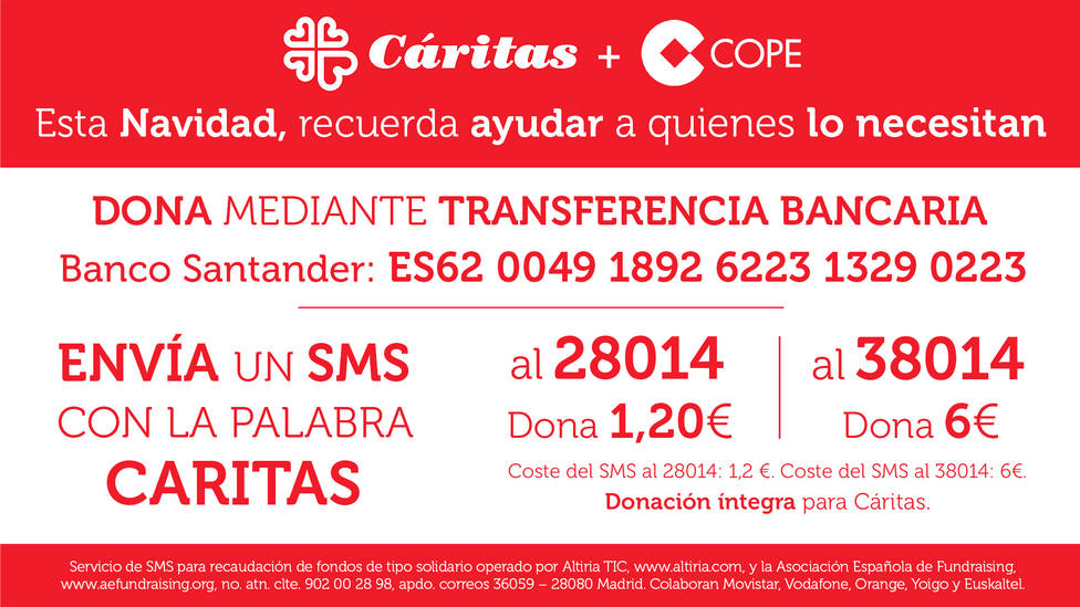 Grupo COPE lanza en Navidad una campaña de donación por SMS a favor de Cáritas