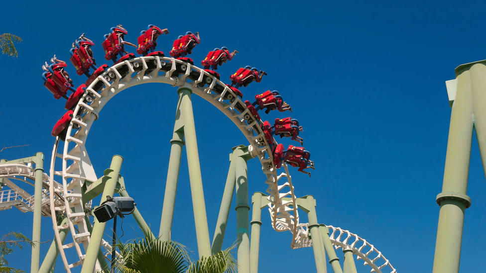 Isla Magica (Magic Island) Theme Park, The Jaguar - roller coaster (and people upside), Seville