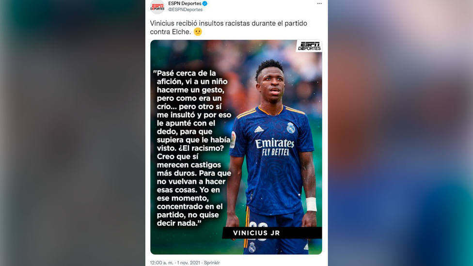 El Elche denuncia un tuit de la ESPN por "hechos falsos" contra Vinicius - Fútbol COPE