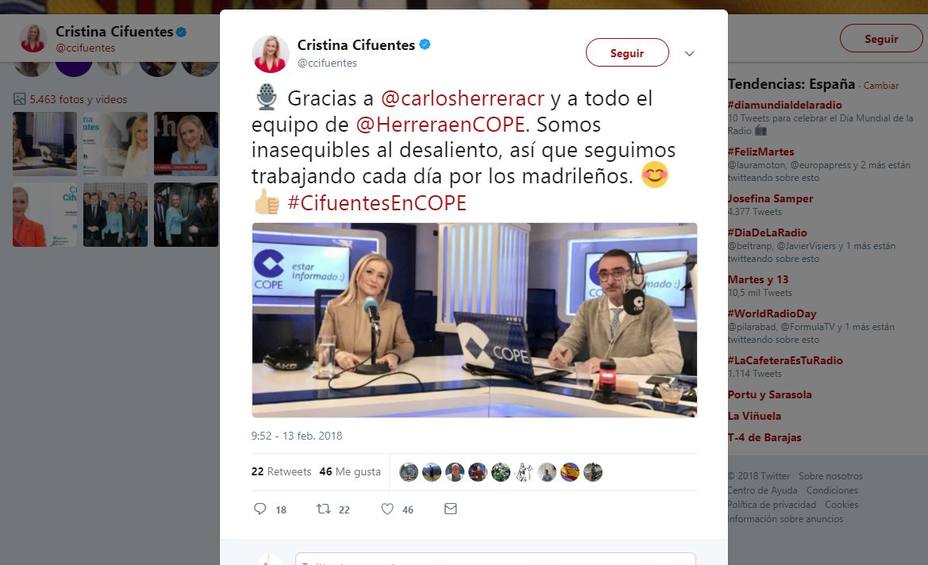 La entrevista de Carlos Herrera a Cifuentes, trending topic en las Redes