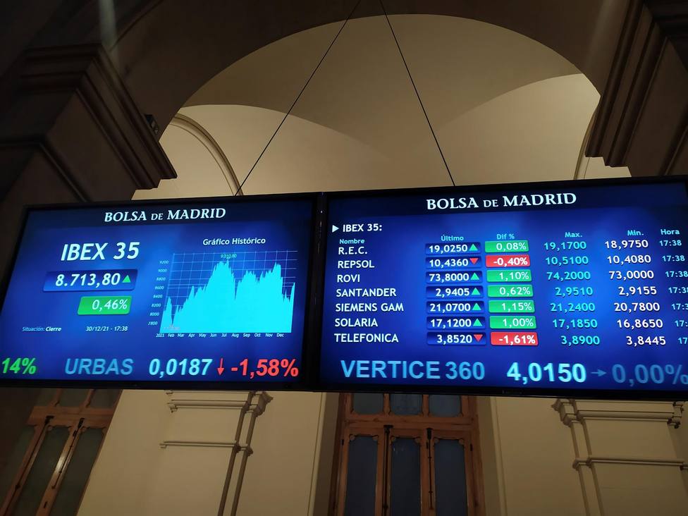 Una pantalla muestra la evolución del Ibex 35 en el interior de la Bolsa de Madrid