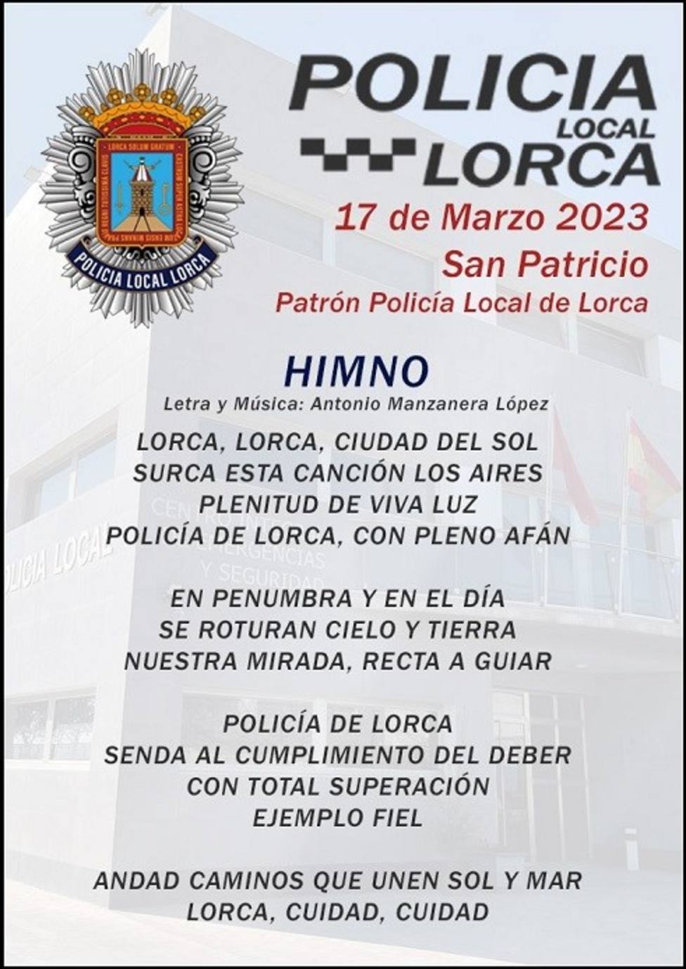 La Policía Local estrenará nuevo himno con motivo de su patrón, San  Patricio. - Lorca - COPE