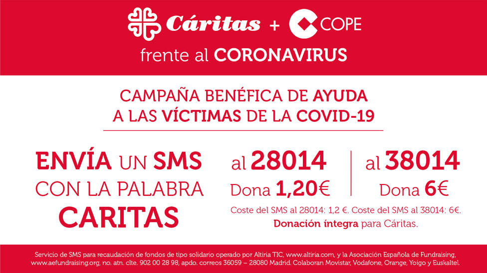 Grupo COPE lanza una campaña de donación por SMS a favor de Cáritas para ayudar a las víctimas del coronavirus