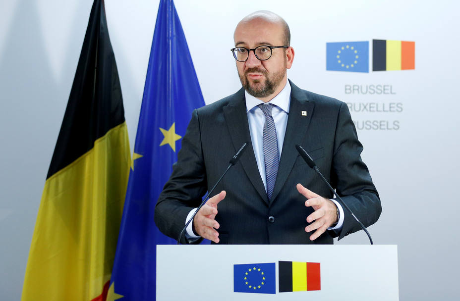 Belgiums PM Michel briefs the media during a EU leaders summit meeting in Brussels