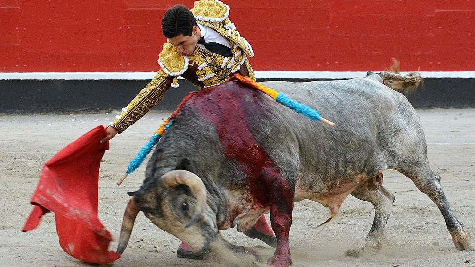 Álvaro Lorenzo ante el toro de Ana Romero premiado con la vuelta al ruedo en Azpeitia