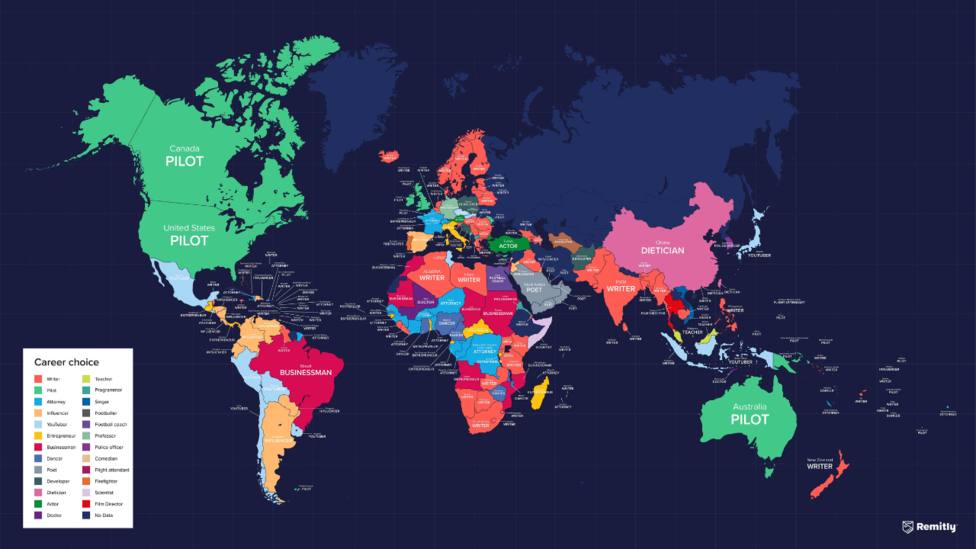 El mapa que muestra las profesiones soñadas en cada país del mundo: España, igual que Nicaragua