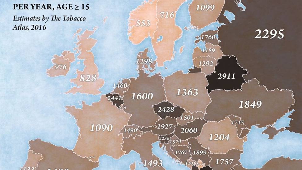 El mapa de Europa que muestra cuántos cigarrillos fumamos al año: el dato de España...