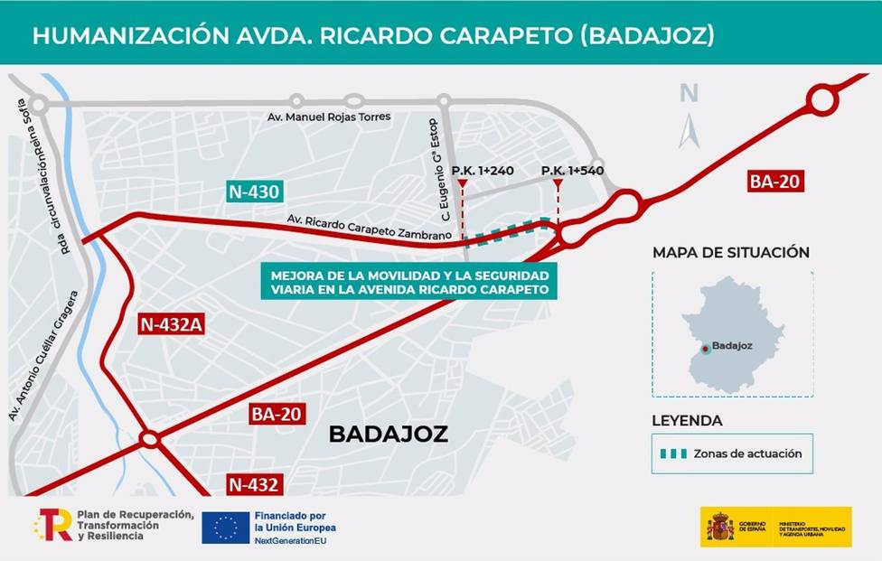 Plano de actuaciÃ³n en la avenida Ricardo Carapeto de Badajoz.