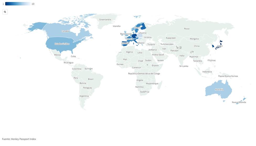 El mapa que muestra los países con pasaportes más poderosos de 2022: España, en el podio